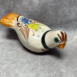 Hand-Painted Ceramic Bird Figurine Blue Yellow Floral Design Mexico Folk Art
